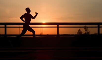Fototapeta premium Silhouette of man running sprinting on road. Fit male fitness runner during outdoor workout with sunset background