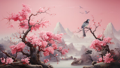 Ptak siedzący na gałęzi kwitnącego drzewa. 