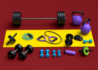 Isometric view of sport equipment like kettlebell, fitness ball and yoga mat