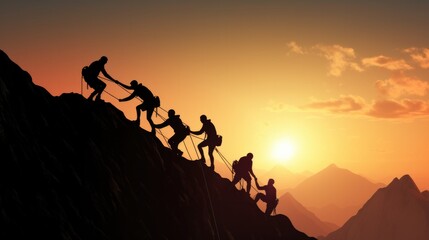 eamwork Help and assistance concept. Silhouettes of people climbing on mountain and helping