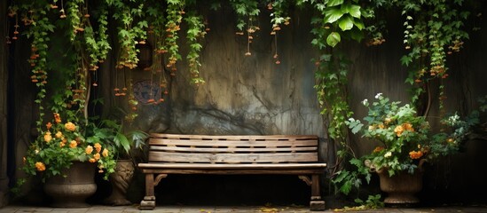 The gorgeous flowers near the ivy covered wall and bamboo bench