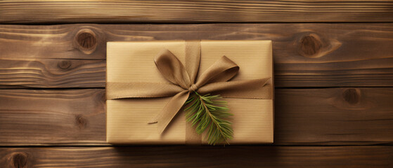Gift box on wooden table.