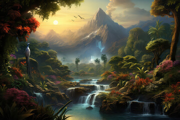 Obraz przedstawiający krajobraz egzotycznego lasu z wodospadem. 