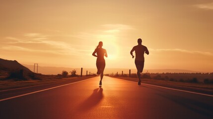 Fototapeta na wymiar Young couples running sprinting on road. Fit runner fitness runner during outdoor workout with sunset background