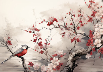 Koliber siedzący na gałęzi kwitnącego drzewa.  - obrazy, fototapety, plakaty