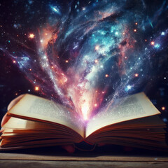 Open book with galaxy milky way stars other dimention. ai generative