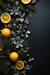 Christmas background with oranges, pine branches and christmas decorations on a dark gray background.
