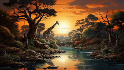 Egzotyczny krajobraz z żyrafą nad wodopojem.  - obrazy, fototapety, plakaty