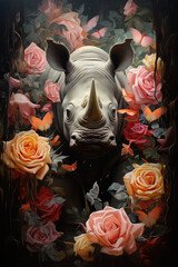 widok nosorożca wsród kolorowych kwiatów na ciemnym tle