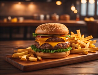 The fresh and delicious cheeseburger with fries on a table against blurred Restaurant background.