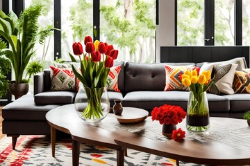 table with flowers, A vase of fresh tulips adorns the coffee table, their vibrant red and yellow hues contrasting beautifully with the modern, cozy light living room - obrazy, fototapety, plakaty