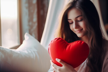 Happy young woman celebrating Valentine's Day at home