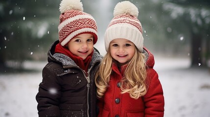 Fototapeta premium Children’s Christmas portrait outside. Decorated&nbsp;Christmas&nbsp;tree in snowy winter&nbsp;holidays&nbsp;outdoor. Happy children having fun..