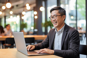 happy professional asian chinese businessman smiling working on laptop in office