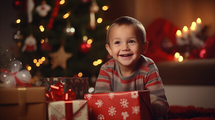 Happy kid surrounded by gifts near the Christmas tree in warmly decorated room