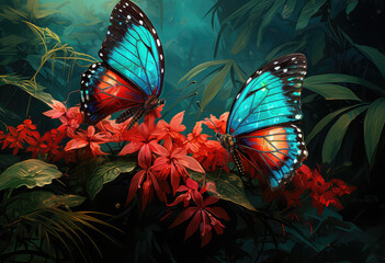 latające motyle przedstawione w sztuce komputerowej ukazujace kolorowe motyle wśród paproci i lasu - obrazy, fototapety, plakaty