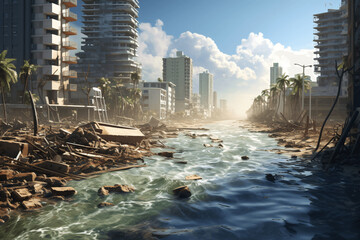 Flooding a city. Perfection of the effects of climate change. Generative IA