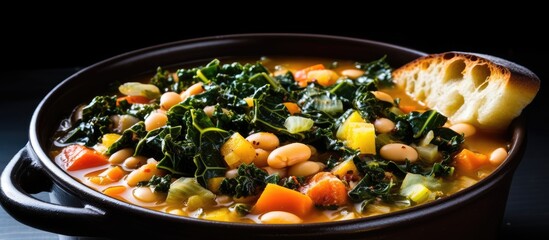 Italian Ribollita A rustic Tuscan vegetable bread soup made with toasted bread cannellini beans lacinato kale cabbage carrot celery potatoes and onion - obrazy, fototapety, plakaty