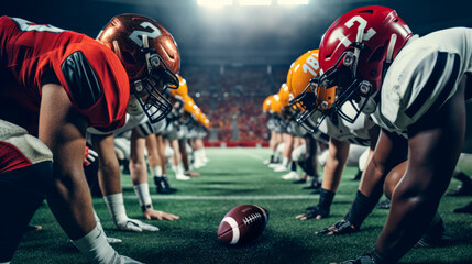 American Football Championship. Teams Ready: Professional Players, Aggressive Face-off, Ready for Pushing, Tackling. Competition Full of Brutal Energy, Power. Stadium Shot with Dramatic Light - obrazy, fototapety, plakaty