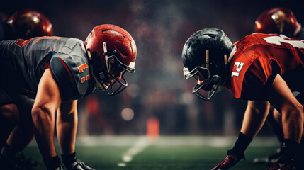 American Football Championship. Teams Ready: Professional Players, Aggressive Face-off, Ready for Pushing, Tackling. Competition Full of Brutal Energy, Power. Stadium Shot with Dramatic Light