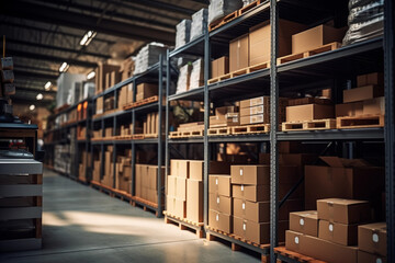 Merchandise packages stores on shelf rack in factory warehouse. Logistic industry business, industrial job career, factory work environment concept - obrazy, fototapety, plakaty