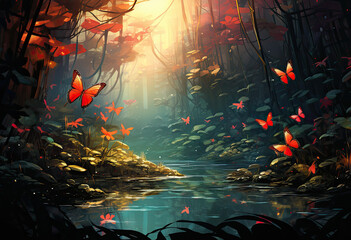 Rzeka w lesie z motylami latającymi pośród drzew. - obrazy, fototapety, plakaty