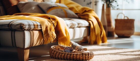 Slippers rest on woven carpet near new sofa in a cozy modern apartment with Nordic inspired interior design representing leisure and weekend relaxation at home