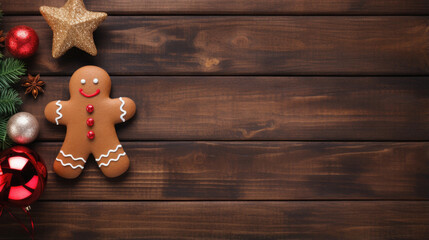 Christmas cookies and christmas decoration on wooden background. top view. copy space.