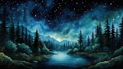 Akwarelowy las nocą z płynącą rzeką i niebem pełnym gwiazd. 