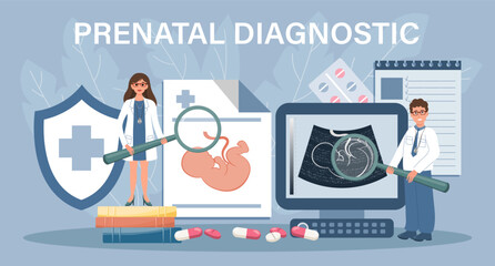 Prenatal diagnosis for landing page. Doctors scan the embryo. Template, banner, vector - obrazy, fototapety, plakaty