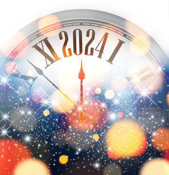 New Year 2024 countdown clock over silver background with sparkles and defocused orange lights.