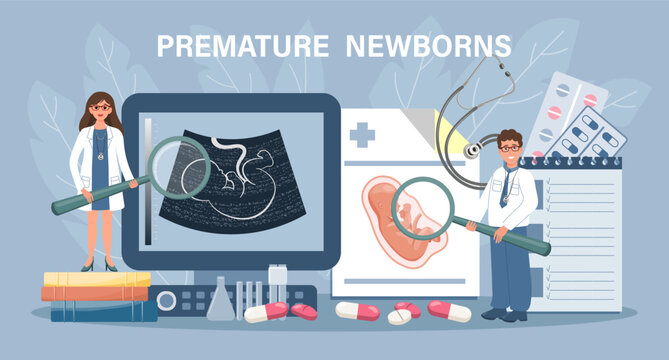 Premature newborns for landing page. World Prematurity Day. Doctors scan the embryo. Lack of pregnancy, in vitro fertilization. Template, banner, vector
