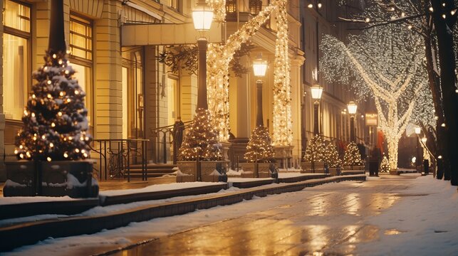 Helsinki's streets are decorated for Christmas, with illumination from the evening sun.