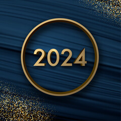 New Year golden 3d 2024 lettering on dark blue textured background with circle and golden sand or small shiny particles.