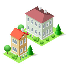 A vibrant isometric two buildings icon stands out among trees, colorful flowers, and a green grass. Perfect for real estate or home concept designs