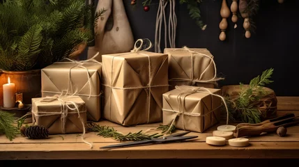 Rolgordijnen homemade Christmas gifts wrapped with tools and ornaments © Suleyman