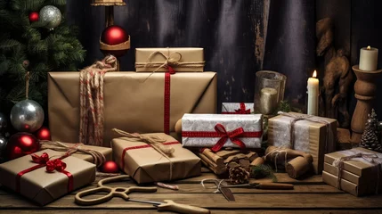 Fotobehang homemade Christmas gifts wrapped with tools and ornaments © Suleyman
