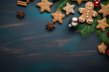 Christmas cookies, gingerbread cookies with spices and fir branches on wooden background. flat lay. christmas and new year holiday concept.