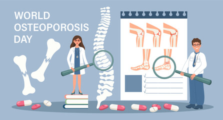 World osteoporosis day for landing page. Treatment of osteoporosis. Doctors with magnifiers show diseases of the human skeletal system. Template, banner, vector