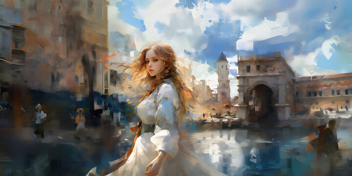 Beautiful girl with dress in medieval city, fantasy digital painting