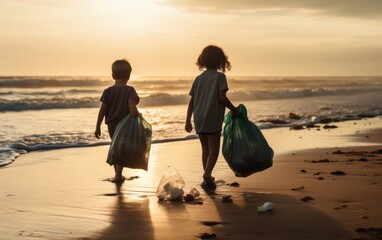 A couple of children activist volunteer to clean up garbage from the beach. for environment.