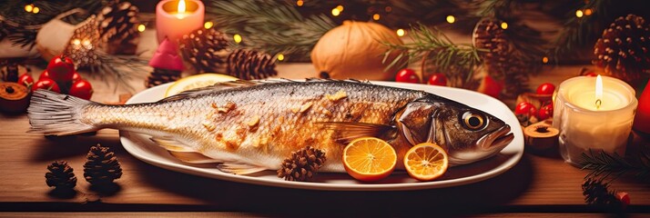 Feast of the Seven Fishes. Fried fish on a Christmas background.