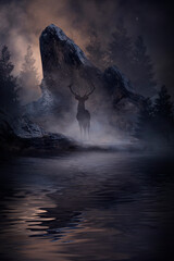 Naklejka premium Dark fantasy mountain landscape, river bank, deer on a mountain in the forest, reflection in the water. 3D illustration