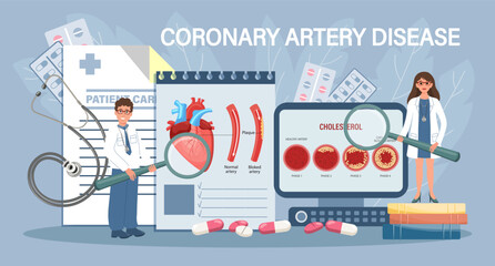 Coronary artery disease for landing page. Doctors inform about diseases of the coronary artery of the heart. Health care and medicine. Template, banner, vector
