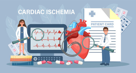 Cardiac ischemia for landing page. Doctors inform about heart diseases. Health care and medicine. Template, banner, vector - obrazy, fototapety, plakaty