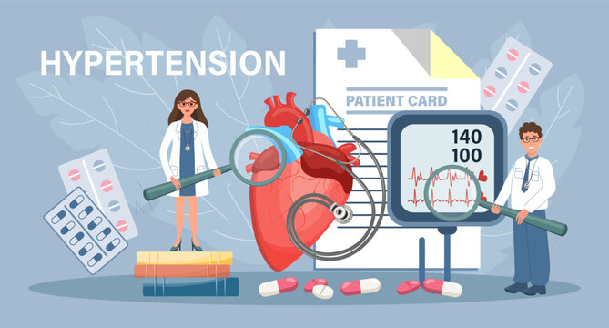 Hypertension for landing page. Doctors report cardiovascular disease. Health care and medicine. Template, banner, vector
