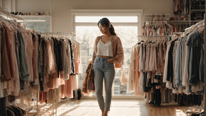 The modern clothing boutique presents a collection that creates a cozy atmosphere. The customer, a middle-aged woman, looks with interest at the fashionable clothes on the hangers. Trying on clothes