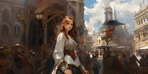 Fototapeta na wymiar Beautiful girl with dress in medieval city, fantasy digital painting