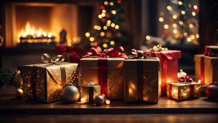 Pacchetti di regali di Natale con sfondo natalizio, albero di Natale e luci - obrazy, fototapety, plakaty