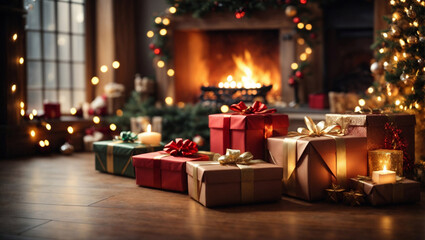 Pacchetti di regali di Natale con sfondo natalizio, albero di Natale e luci - obrazy, fototapety, plakaty